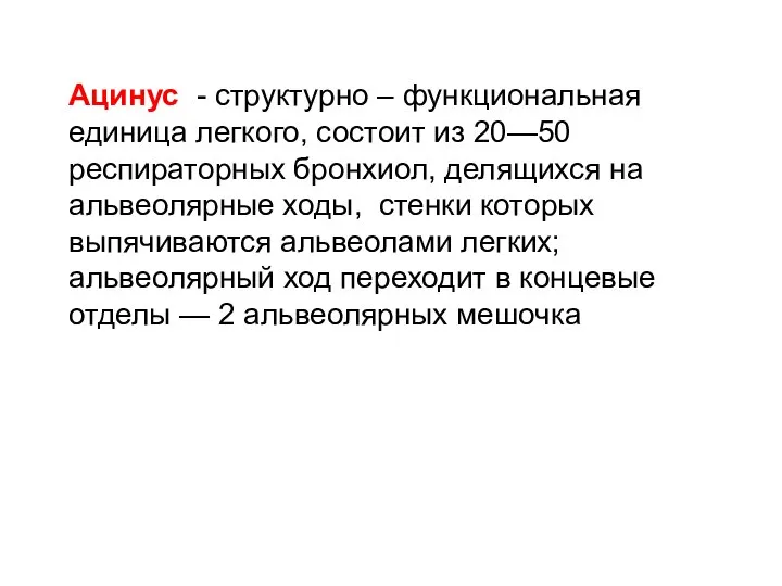 Ацинус - структурно – функциональная единица легкого, состоит из 20—50 респираторных