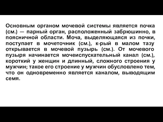 Основным органом мочевой системы является почка (см.) — парный орган, расположенный