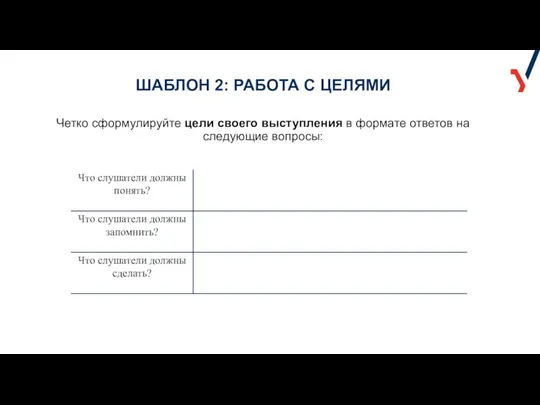 ШАБЛОН 2: РАБОТА С ЦЕЛЯМИ Четко сформулируйте цели своего выступления в формате ответов на следующие вопросы: