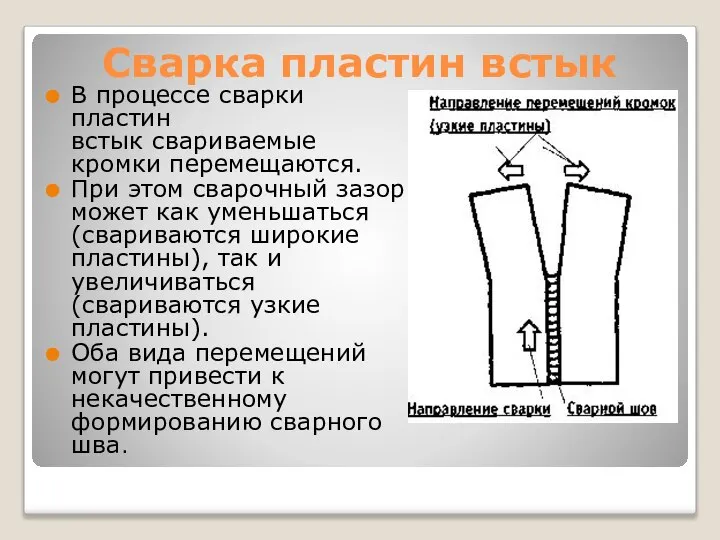 Сварка пластин встык В процессе сварки пластин встык свариваемые кромки перемещаются.