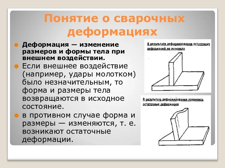 Понятие о сварочных деформациях Деформация — изменение размеров и формы тела