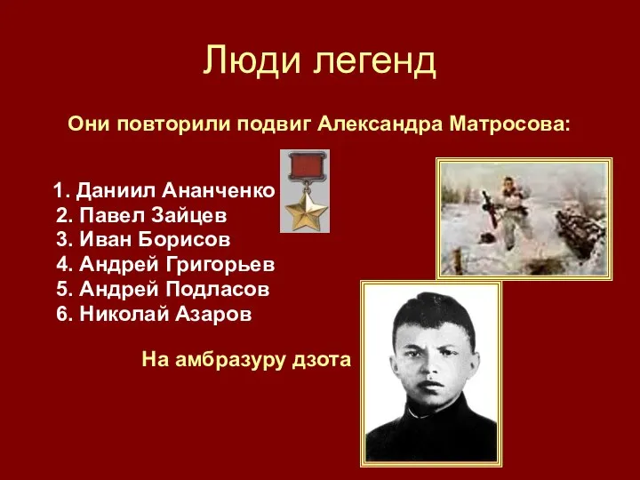 Люди легенд Они повторили подвиг Александра Матросова: 1. Даниил Ананченко 2.