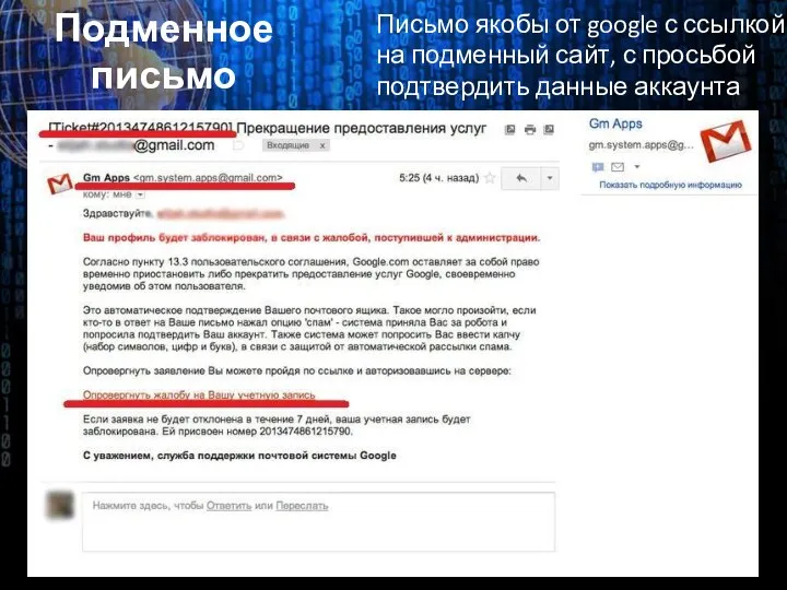 Подменное письмо Письмо якобы от google с ссылкой на подменный сайт, с просьбой подтвердить данные аккаунта