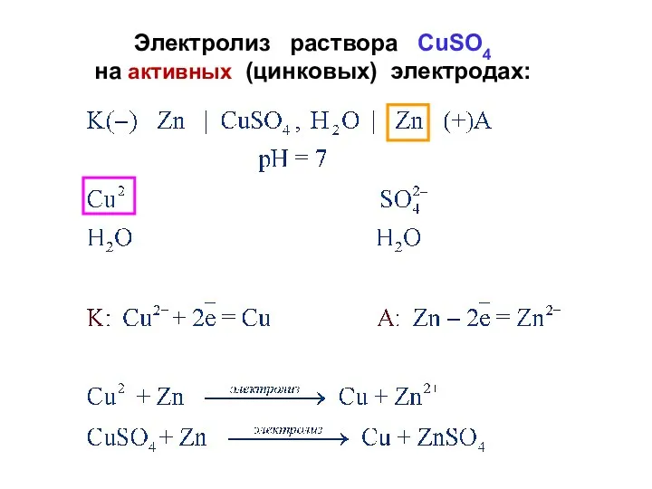 Электролиз раствора СuSO4 на активных (цинковых) электродах: