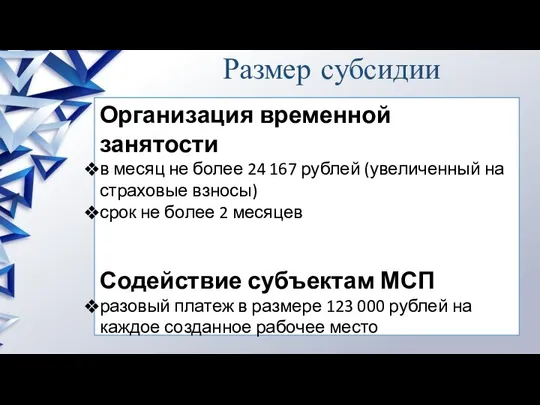 Размер субсидии Организация временной занятости в месяц не более 24 167