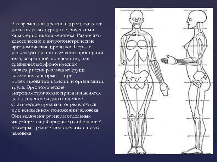 В современной практике предпочитают пользоваться антропометрическими характеристиками человека. Различают классические и