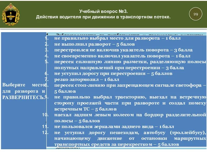 29 Учебный вопрос №3. Действия водителя при движении в транспортном потоке.