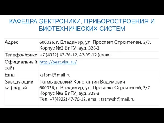 КАФЕДРА ЭЕКТРОНИКИ, ПРИБОРОСТРОЕНИЯ И БИОТЕХНИЧЕСКИХ СИСТЕМ