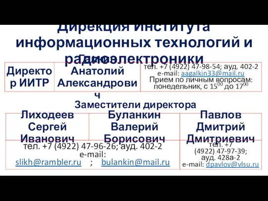 Дирекция Института информационных технологий и радиоэлектроники Директор ИИТР Галкин Анатолий Александрович