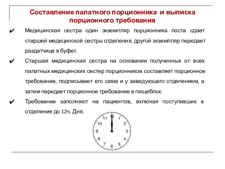 Составление палатного порционника и выписка порционного требования Медицинская сестра один экземпляр