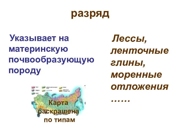 разряд Указывает на материнскую почвообразующую породу Лессы, ленточные глины, моренные отложения…… Карта раскрашена по типам