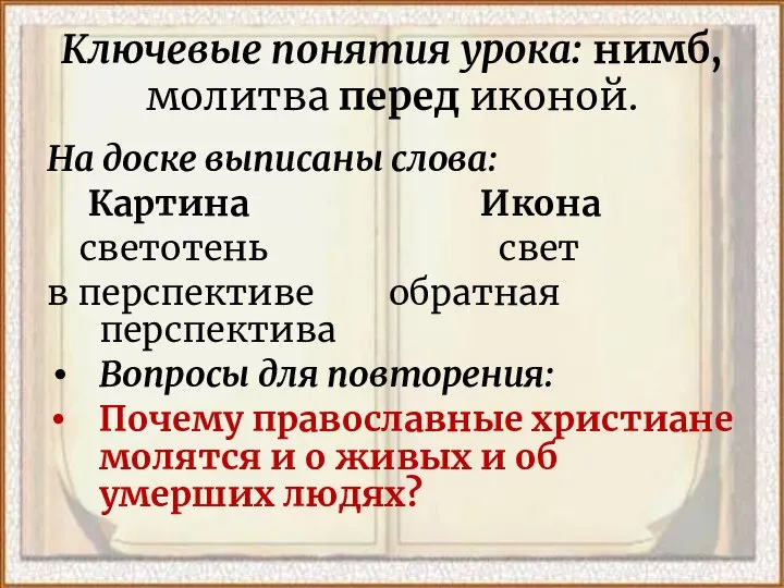 Ключевые понятия урока: нимб, молитва перед иконой. На доске выписаны слова: