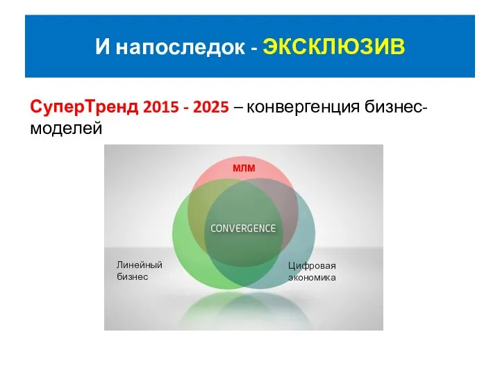 И напоследок - ЭКСКЛЮЗИВ СуперТренд 2015 - 2025 – конвергенция бизнес-моделей Цифровая экономика Линейный бизнес МЛМ