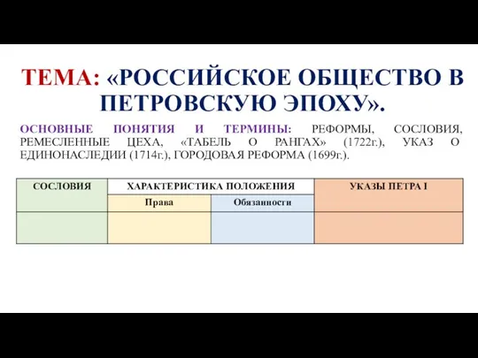 ТЕМА: «РОССИЙСКОЕ ОБЩЕСТВО В ПЕТРОВСКУЮ ЭПОХУ». ОСНОВНЫЕ ПОНЯТИЯ И ТЕРМИНЫ: РЕФОРМЫ,