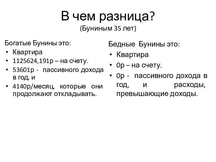 В чем разница? (Буниным 35 лет) Богатые Бунины это: Квартира 1125624,191р