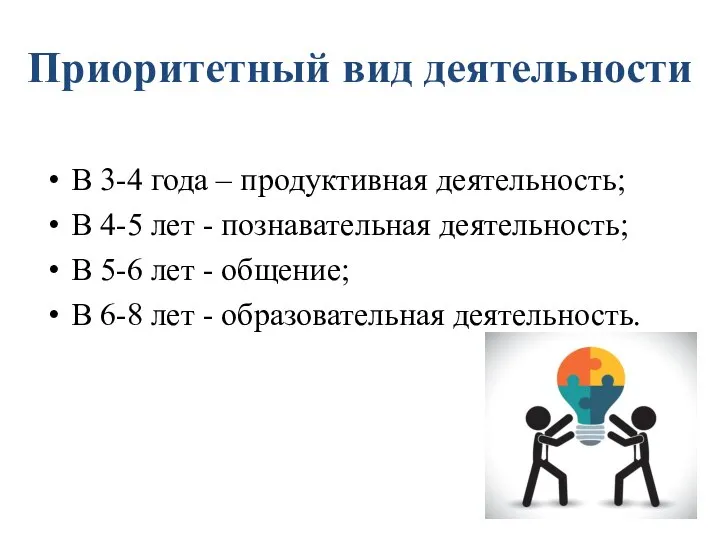 Приоритетный вид деятельности В 3-4 года – продуктивная деятельность; В 4-5