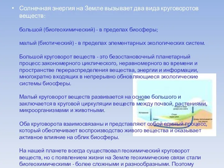 Солнечная энергия на Земле вызывает два вида круговоротов веществ: большой (биогеохимический)