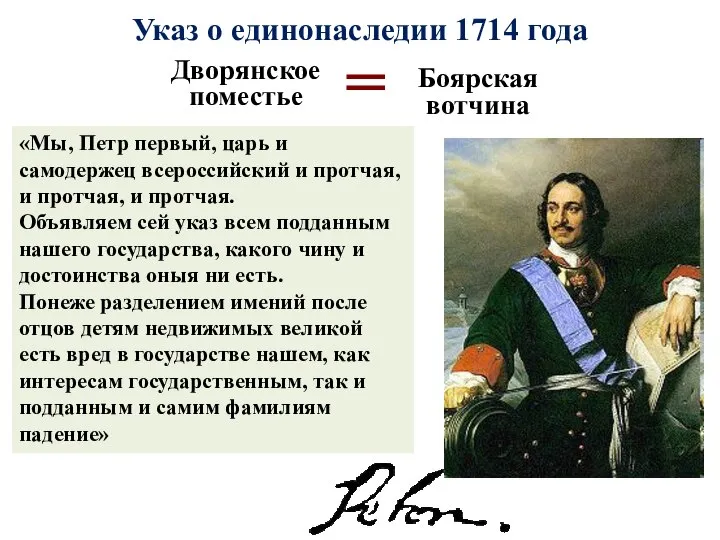 Указ о единонаследии 1714 года Дворянское поместье Боярская вотчина = «Мы,