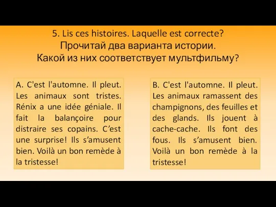 5. Lis ces histoires. Laquelle est correcte? Прочитай два варианта истории.