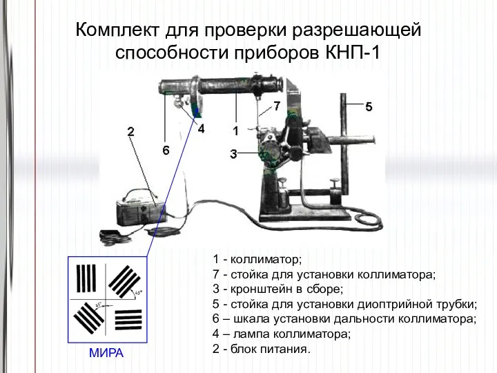 Комплект для проверки разрешающей способности приборов КНП-1 1 - коллиматор; 7