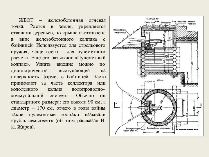 ЖБОТ – железобетонная огневая точка. Роется в земле, укрепляется стволами деревьев,