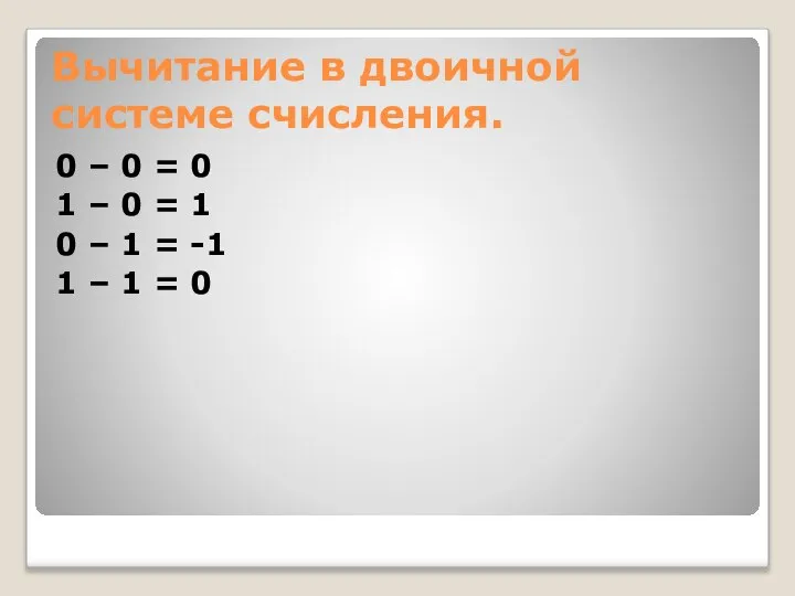 Вычитание в двоичной системе счисления. 0 – 0 = 0 1