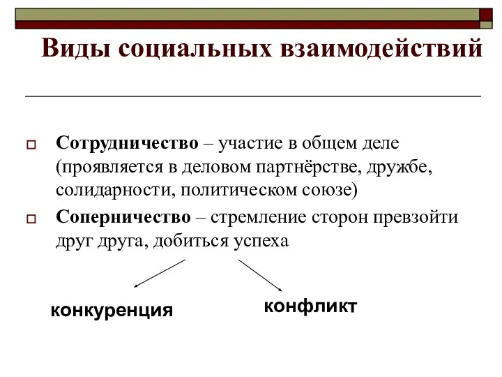 Виды социальных взаимодействий Сотрудничество – участие в общем деле (проявляется в