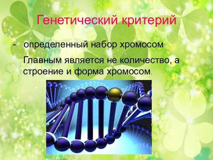 Генетический критерий - определенный набор хромосом Главным является не количество, а строение и форма хромосом.