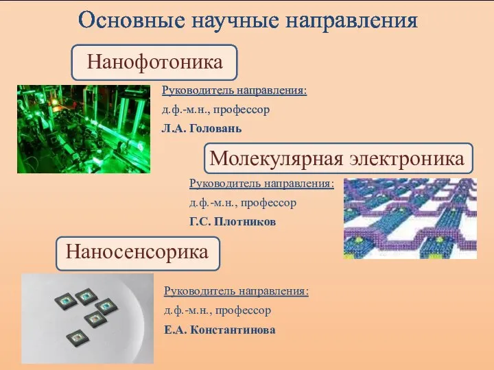 Основные научные направления Нанофотоника Руководитель направления: д.ф.-м.н., профессор Е.А. Константинова Руководитель