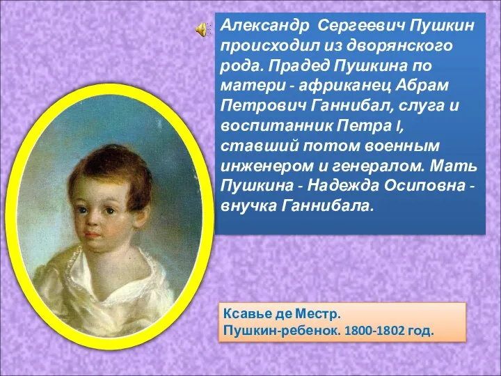 Александр Сергеевич Пушкин происходил из дворянского рода. Прадед Пушкина по матери