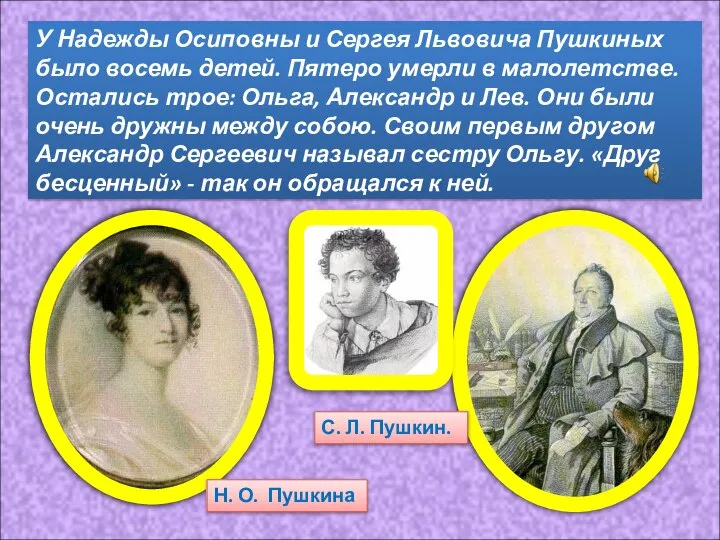 У Надежды Осиповны и Сергея Львовича Пушкиных было восемь детей. Пятеро