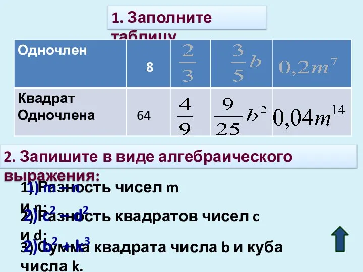 1. Заполните таблицу 64 2. Запишите в виде алгебраического выражения: 1)