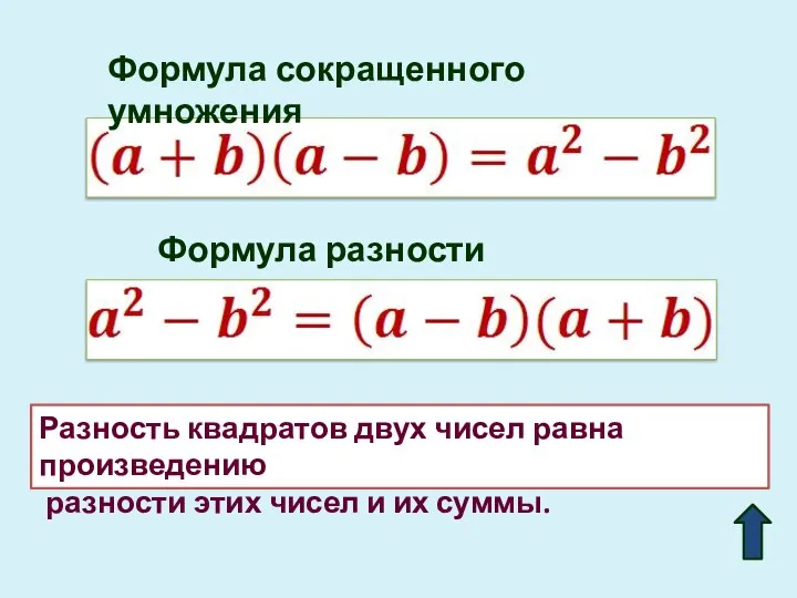 Формула сокращенного умножения Формула разности квадратов Разность квадратов двух чисел равна