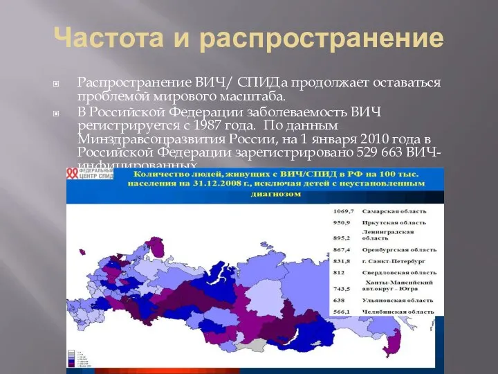 Частота и распространение Распространение ВИЧ/ СПИДа продолжает оставаться проблемой мирового масштаба.