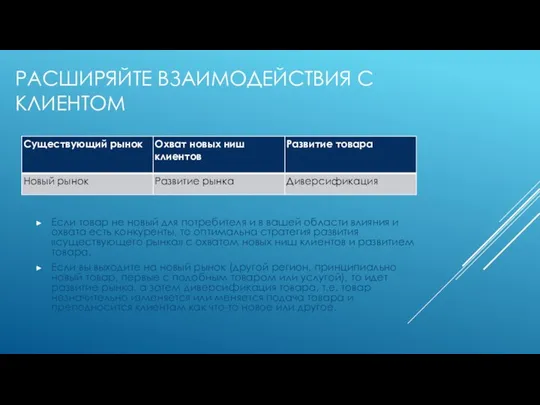 РАСШИРЯЙТЕ ВЗАИМОДЕЙСТВИЯ С КЛИЕНТОМ Если товар не новый для потребителя и