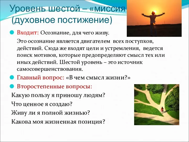 Уровень шестой – «миссия» (духовное постижение) Входит: Осознание, для чего живу.