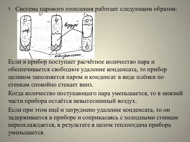 Система парового отопления работает следующим образом: Если в прибор поступает расчётное