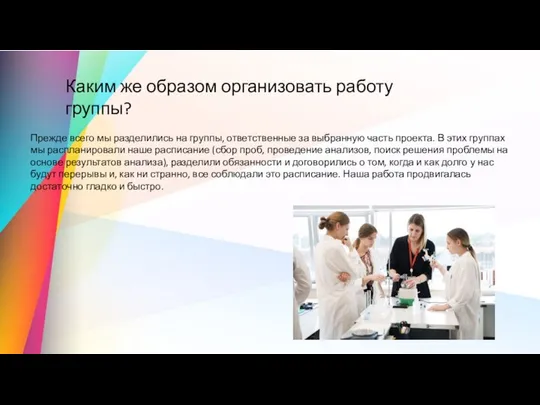 Каким же образом организовать работу группы? Прежде всего мы разделились на