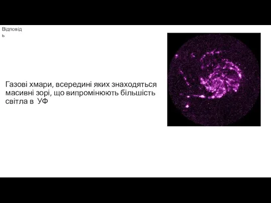 Відповідь Газові хмари, всередині яких знаходяться масивні зорі, що випромінюють більшість світла в УФ