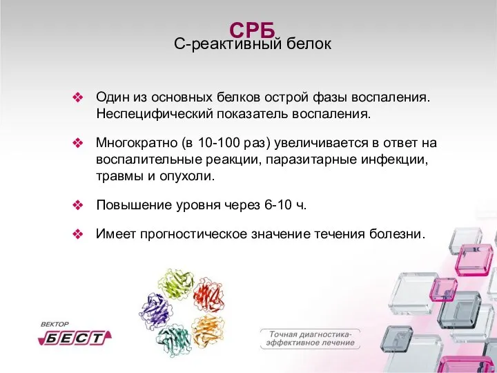 СРБ С-реактивный белок Один из основных белков острой фазы воспаления. Неспецифический