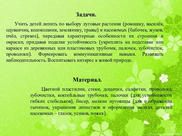 Задачи. Учить детей лепить по выбору луговые растения (ромашку, василёк, одуванчик,