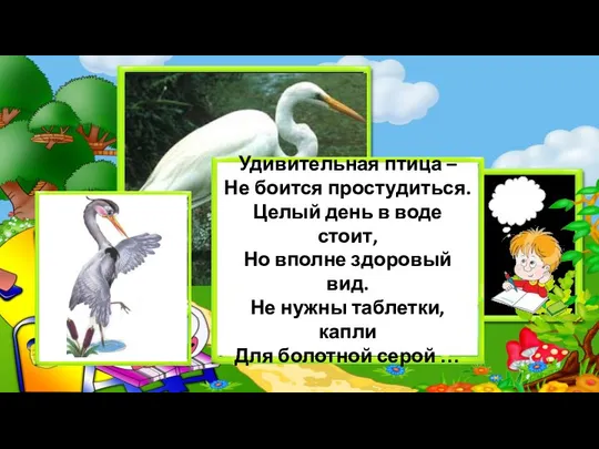 Удивительная птица – Не боится простудиться. Целый день в воде стоит,