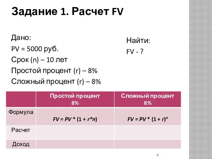 Задание 1. Расчет FV Найти: FV - ? Дано: PV =