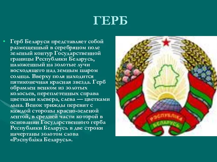 ГЕРБ Герб Беларуси представляет собой размещенный в серебряном поле зеленый контур