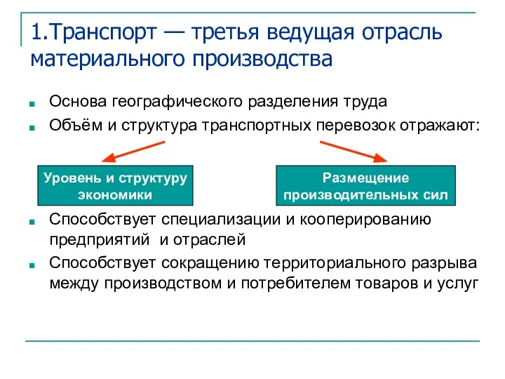 1.Транспорт — третья ведущая отрасль материального производства Основа географического разделения труда