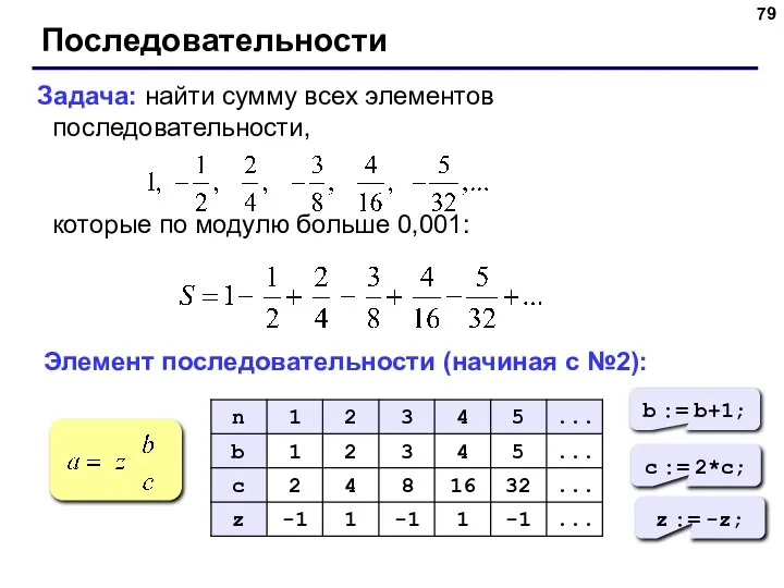 Последовательности Задача: найти сумму всех элементов последовательности, которые по модулю больше