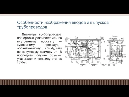 Особенности изображения вводов и выпусков трубопроводов Диаметры трубопроводов на чертеже указывают