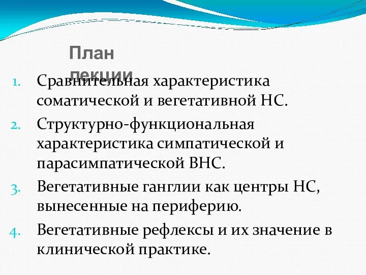 План лекции Сравнительная характеристика соматической и вегетативной НС. Структурно-функциональная характеристика симпатической