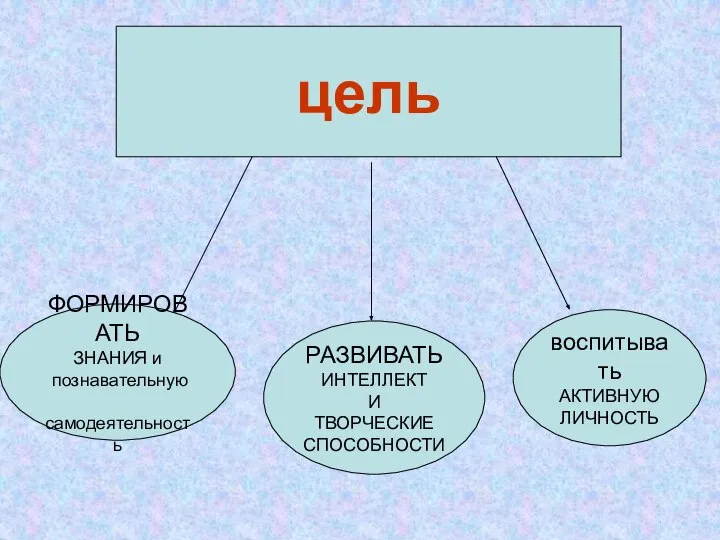 цель ФОРМИРОВАТЬ ЗНАНИЯ и познавательную самодеятельность РАЗВИВАТЬ ИНТЕЛЛЕКТ И ТВОРЧЕСКИЕ СПОСОБНОСТИ воспитывать АКТИВНУЮ ЛИЧНОСТЬ