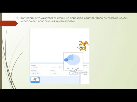 Кот теперь отталкивается от стены, но переворачивается. Чтобы он этого не делал, выберем тип направления «влево-вправо».